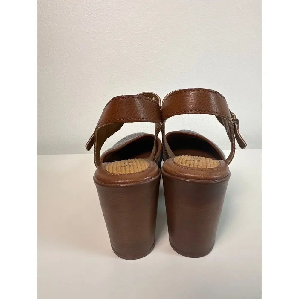 BOC Big on Comfort Grey Felt & Brown Ankle Strap Platform Clog Heels | Size 8